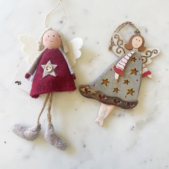 Christmas Angel Ornaments, Set of 2, Natural Wooden & Felt Style - Picture 1 of 10
